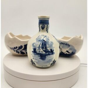 Vintage Delft Holland Miniature Vase‎ & Bowl Set Windmill Floral Hand Painted